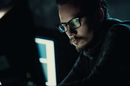 An Asian hacker immersed in cybercrime activities, utilizing sophisticated technology and clandestine tactics to infiltrate systems and compromise digital security.の素材