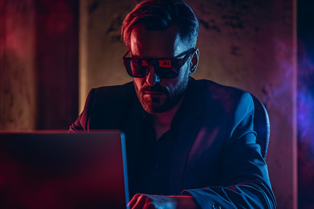 An Asian hacker immersed in cybercrime activities, utilizing sophisticated technology and clandestine tactics to infiltrate systems and compromise digital security.の素材