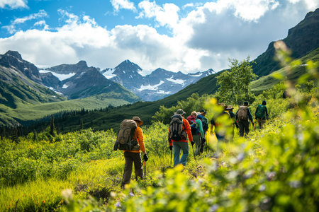 A group of people engaged in outdoor activities amidst the beauty of nature, enjoying leisurely pursuits and active adventures.の素材