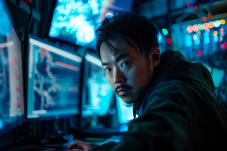 An Asian hacker immersed in cybercrime activities, utilizing sophisticated technology and clandestine tactics to infiltrate systems and compromise digital security.の素材