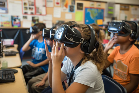 A students and teacher engage in an interactive class using technology and VR headsets, exploring virtual worlds and educational gadgets to enhance learning experiences.の素材