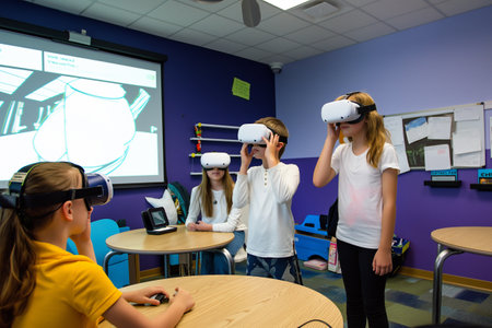 A students and teacher engage in an interactive class using technology and VR headsets, exploring virtual worlds and educational gadgets to enhance learning experiences.の素材