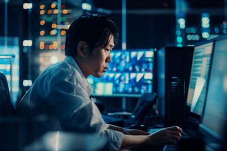 An Asian hacker immersed in cybercrime activities, utilizing sophisticated technology and clandestine tactics to infiltrate systems and compromise digital security.の素材