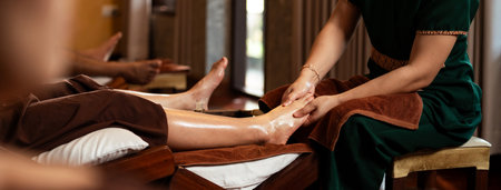 Selective focus on hand, Masseuse acupressure massage on feet of customer. Masseuse service foot massage to woman customer. Relaxation foot massage in cosmetology spa centre.の写真素材