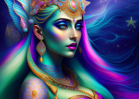 3D Illustration of a beautiful girl with fantasy make-upの素材