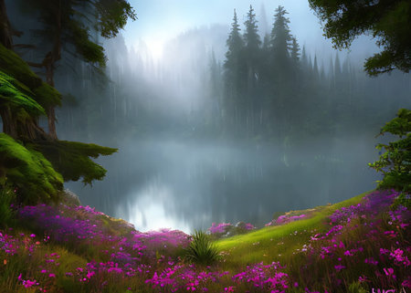 Foggy morning in the forest with mountain lake and pink flowersの素材
