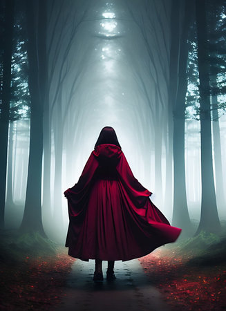 Woman in red cloak walking in the dark forest. Halloween concept.の素材