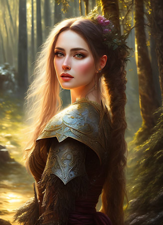 Portrait of a beautiful medieval girl in the forest. Fantasy.の素材