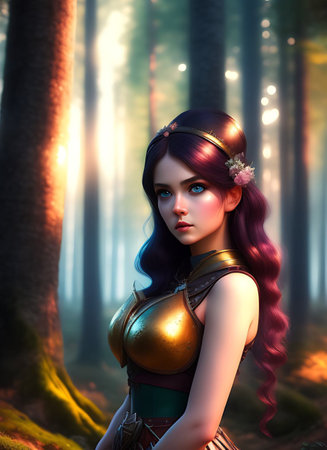 3D rendering of a beautiful gothic girl in a fantasy forestの素材
