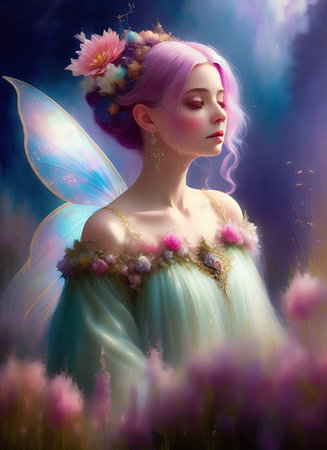 Fantasy image of a fairy with pink hair and blue eyes.の素材