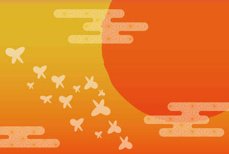 Japanese New Year's Card Clouds, Sun and Butterfly Orange Skyのイラスト素材