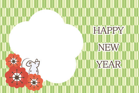 New Year's card of plum blossoms and mouse with a yellow-green arrow backgroundのイラスト素材