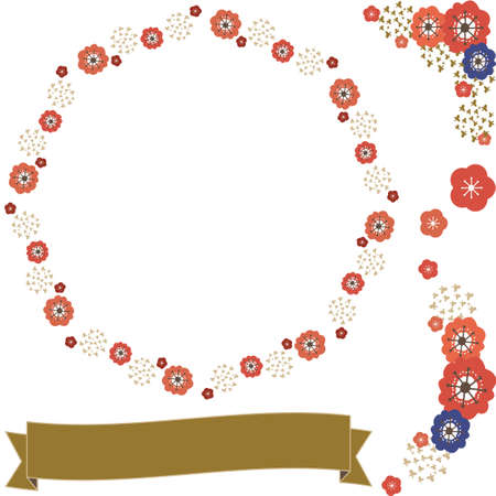 Japanese-style decoration of plum blossoms and set of golden ribbonsのイラスト素材