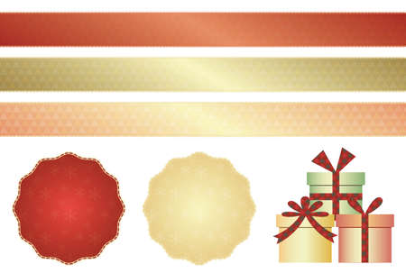 Present box with red and white stickers with red and gold and pink ribbonsのイラスト素材
