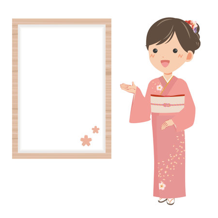 Wooden frame with woman in kimonoのイラスト素材