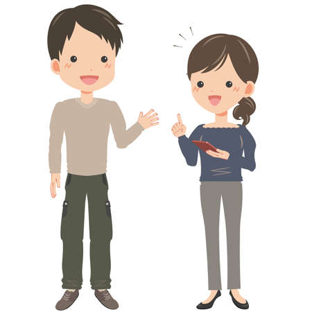 Men talk with the women who use the smartphoneのイラスト素材