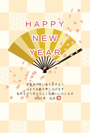 Cherry blossom petals, fan, Japanese pattern background - New Year's card templateのイラスト素材
