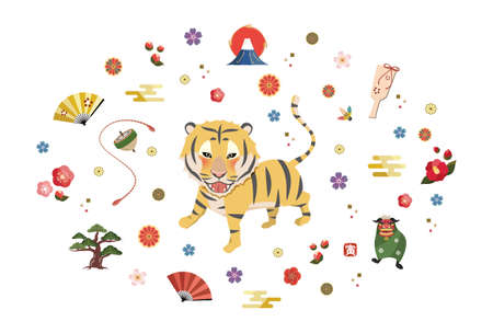 Tora and New Year's motif, white backgroundのイラスト素材