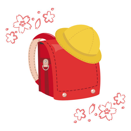 Red school bag and yellow hat Illustration of entrance imageのイラスト素材