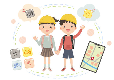 Image illustration of children wearing GPS watchingのイラスト素材