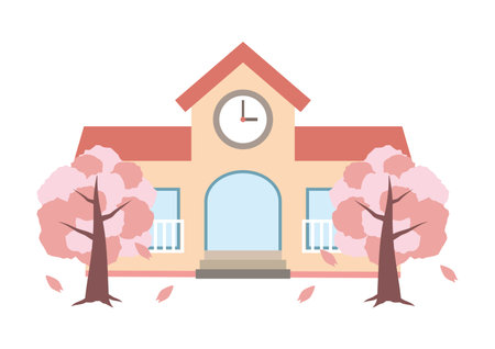 Image of kindergarten and nursery school building and cherry blossom tree entrance and graduationのイラスト素材