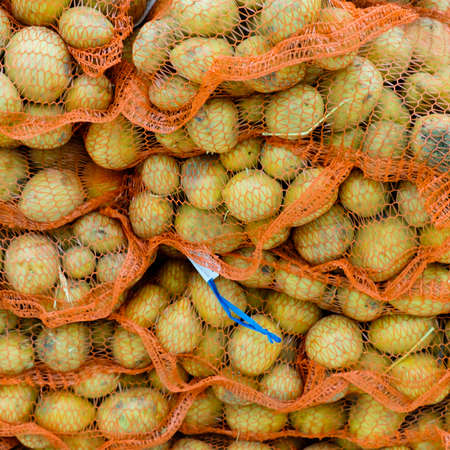 potatoes sold in bags in a shopping centerの写真素材