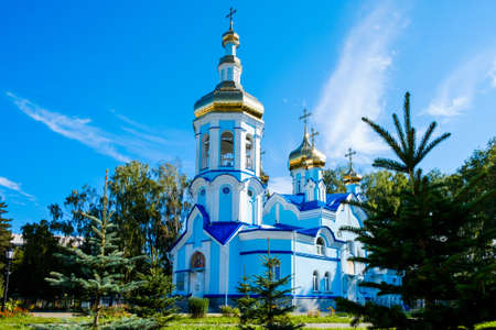 white church against the blue skyの写真素材