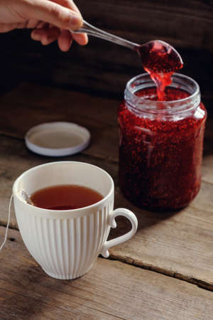 Grandma's Delicious raspberry jam in the summer at the cottage.の写真素材