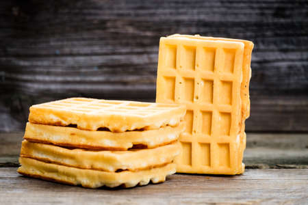 Tasty cookies on a wooden table in the early morning on a summer residence in Siberiaの写真素材
