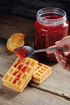 Grandma's Delicious raspberry jam in the summer at the cottage.の写真素材
