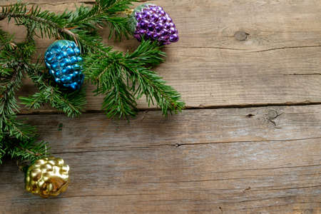 Beautiful Christmas background with toys and spruce branches.の写真素材