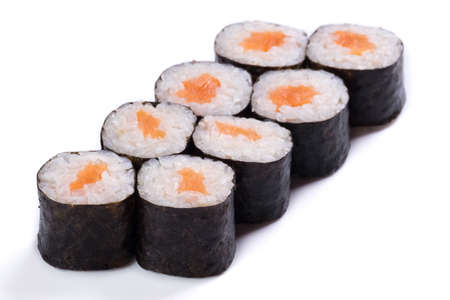 Delicious sushi on a white background of the different products on the Japanese recipe.の写真素材