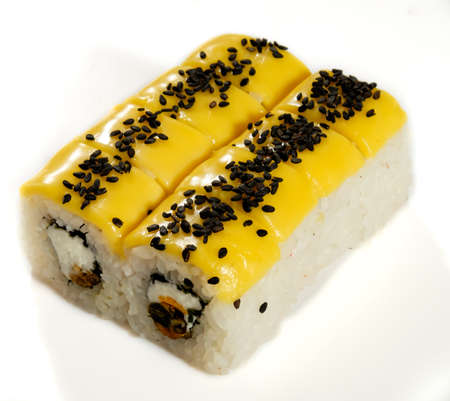 Delicious Japanese sushi beautiful from different ingredients on a white background.の写真素材