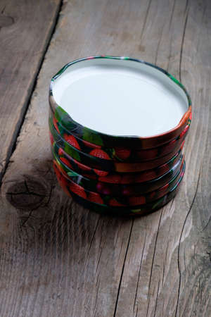 Round cover for cans which are used for pickling.の写真素材