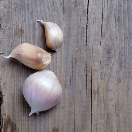 Fresh young garlic from a home garden on wooden boards.の写真素材