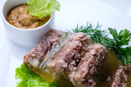 Tasty meals in the Russian restaurant with herbs and aspic.