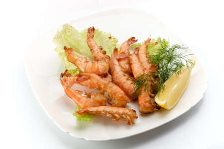Tasty dish of shrimp on a white background, professional chef cooked in the restaurant.の写真素材