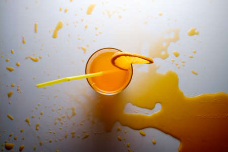 Delicious orange juice in a glass, top view.の写真素材