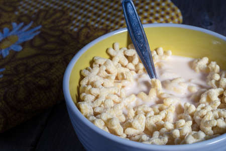 tasty corn flakes in a plate drenched milk yogurt.