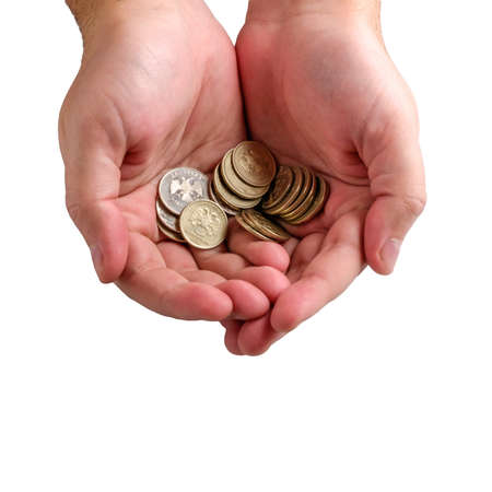 Russian money rubles in the hands of man on a white background.