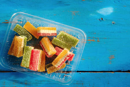 Colorful delicious marmalade on wooden boardの写真素材