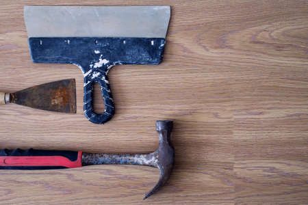 Close up tools on a wooden backgroundの写真素材