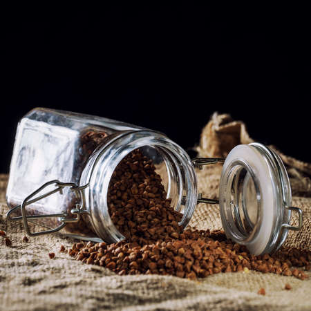 Buckwheat on sacking, studio shot light and processed by retroの写真素材