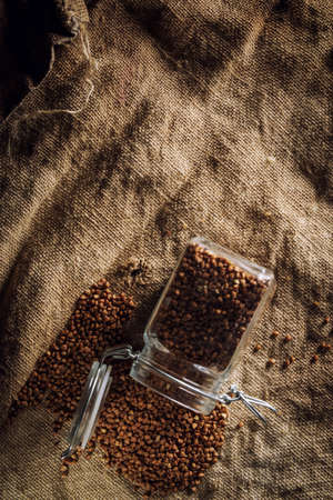 Buckwheat on sacking, studio shot light and processed by retroの写真素材