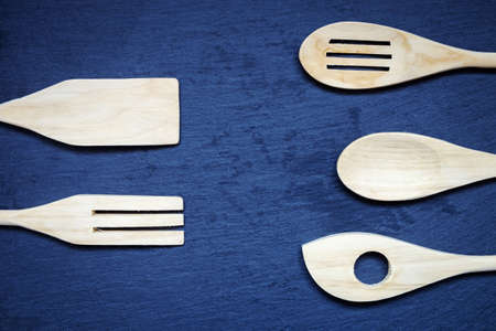 Kitchen utensils on the background of slate boards.の写真素材