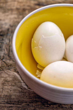 eggs on a wooden background in a yellow plate.