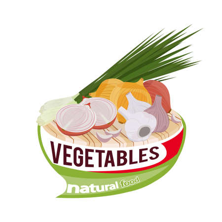 Whole and cut onions, bunch of green onions and garlic on a cutting board vectorのイラスト素材