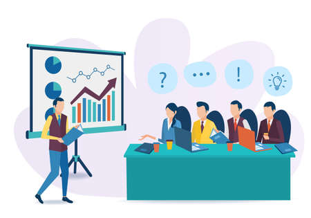The concept of business training. Corporate training. Seminar for employees. Analysis of statistics. Briefing. Vector illustration in flat style.のイラスト素材