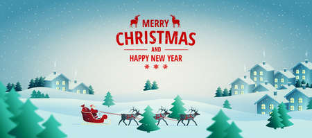 Vector illustration on the theme of Christmas and New Year. Christmas banner. Daytime winter landscape. Santa Claus presents gifts. Merry Christmas card.のイラスト素材