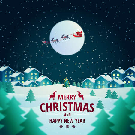 Vector illustration on the theme of Christmas and New Year. Night winter landscape. Santa Claus presents gifts. Merry Christmas card.のイラスト素材